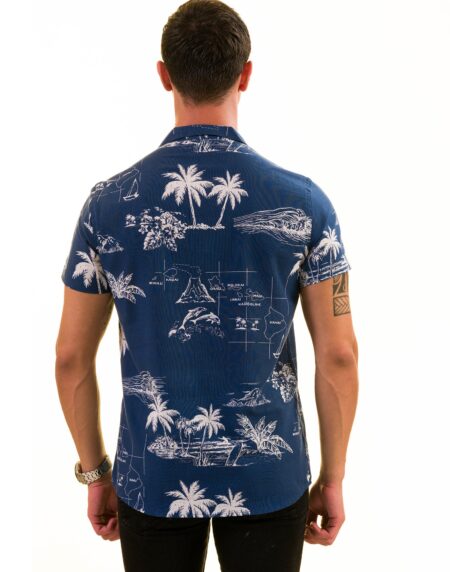 Blue Printed on White European Made & Designed Hawaiian Summer Shirts for Men
