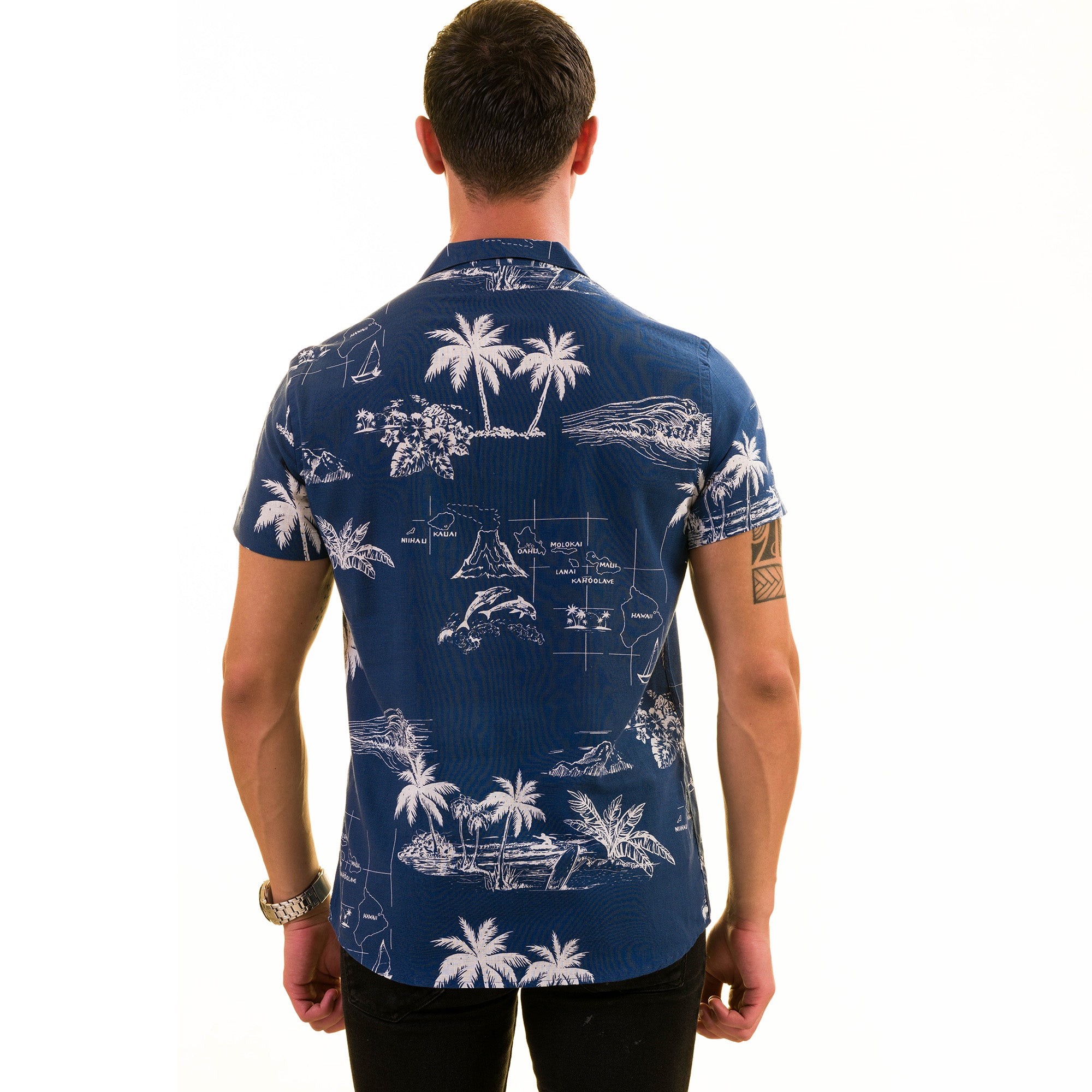 Blue Printed on White European Made & Designed Hawaiian Summer Shirts for Men - Image 4