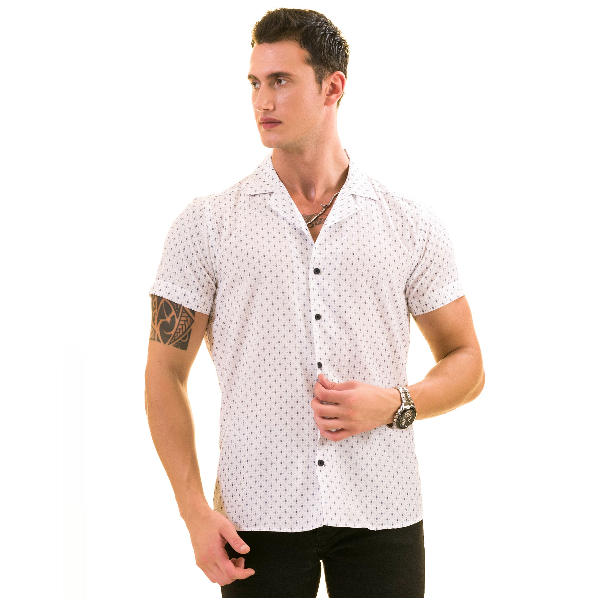 White Dotted European Made & Designed Hawaiian Summer Shirt for Men - Image 4