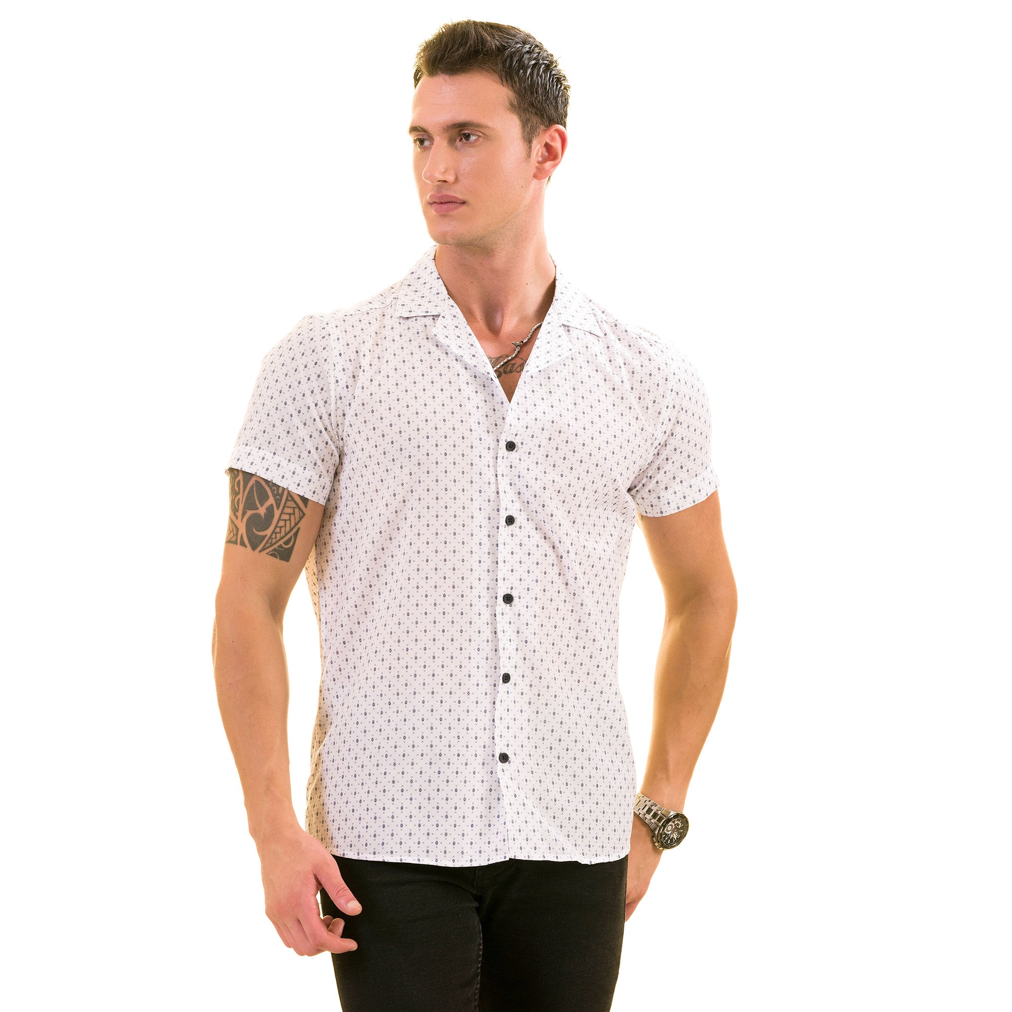 White Dotted European Made & Designed Hawaiian Summer Shirt for Men