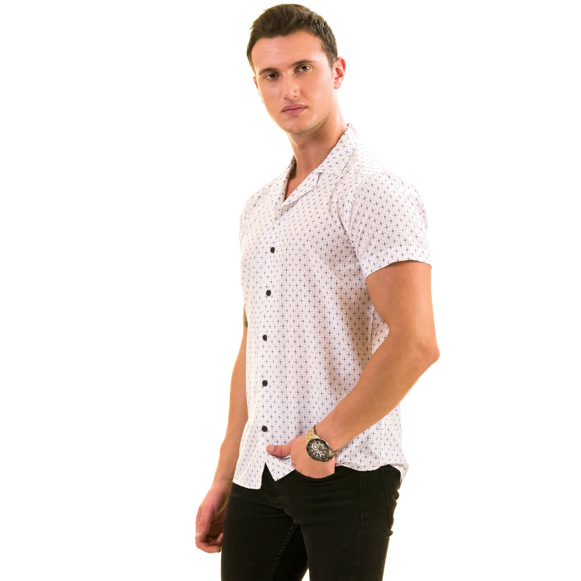 White Dotted European Made & Designed Hawaiian Summer Shirt for Men - Image 3