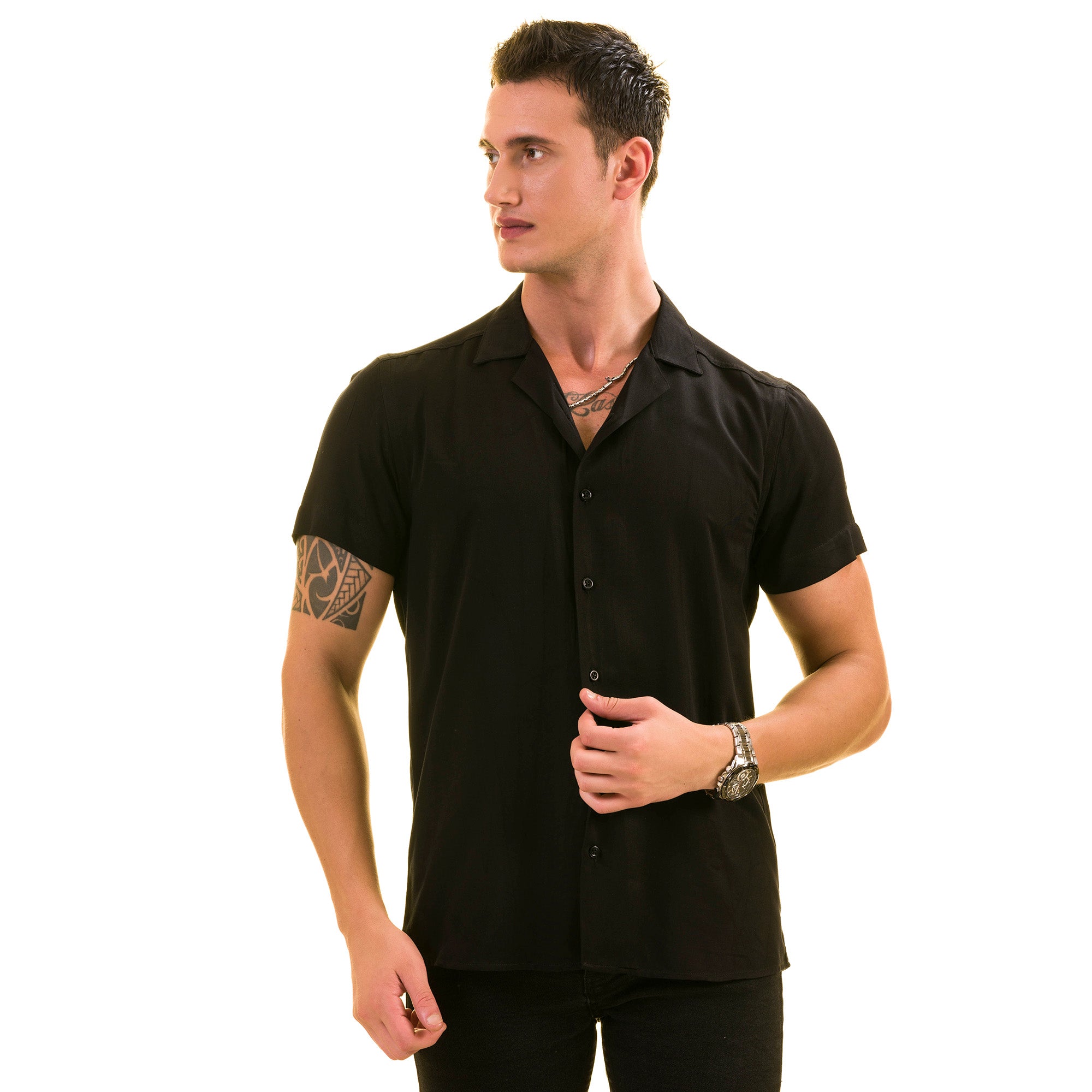 Black Solid Hawaiian Shirt for Men – European Designed Summer Style