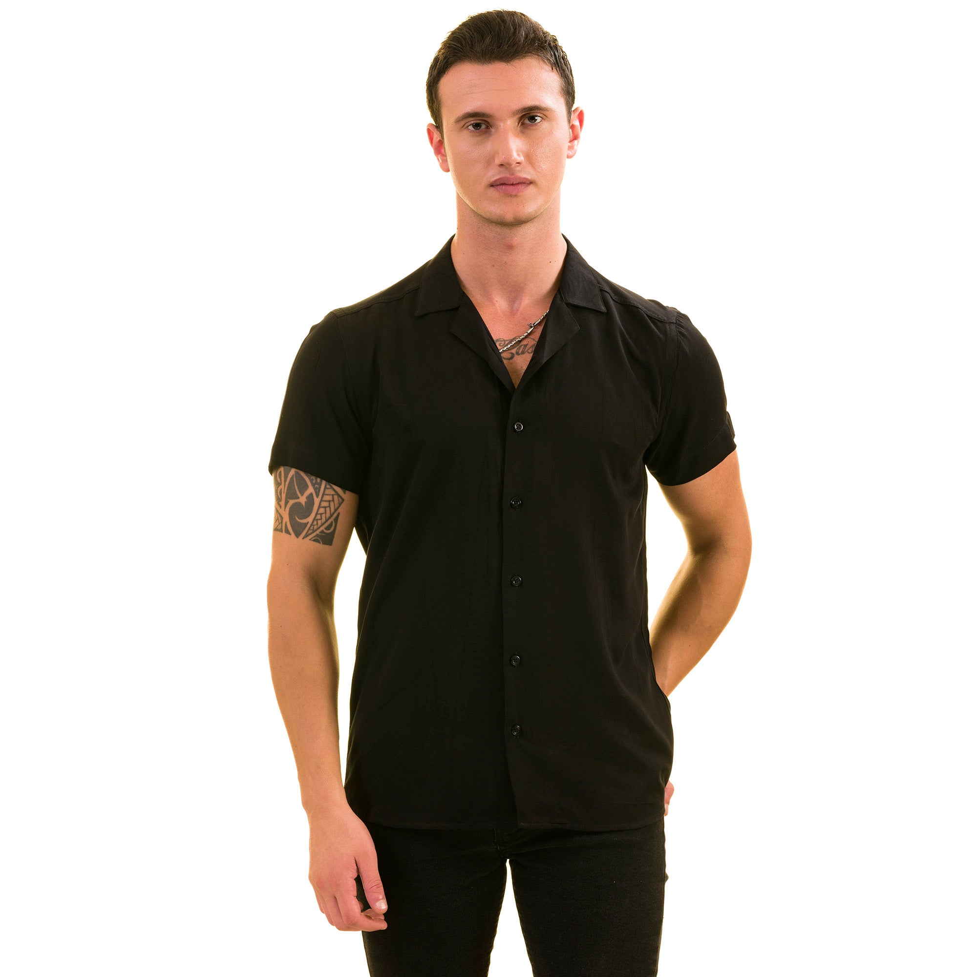 Black Solid Hawaiian Shirt for Men - European Designed Summer Style - Image 2
