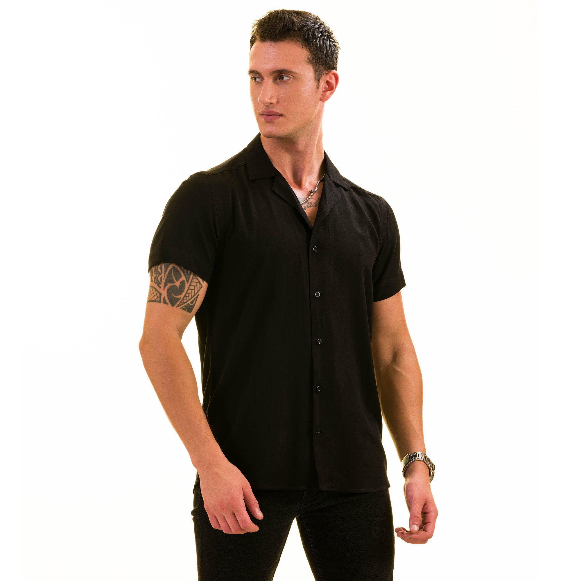 Black Solid Hawaiian Shirt for Men - European Designed Summer Style - Image 3