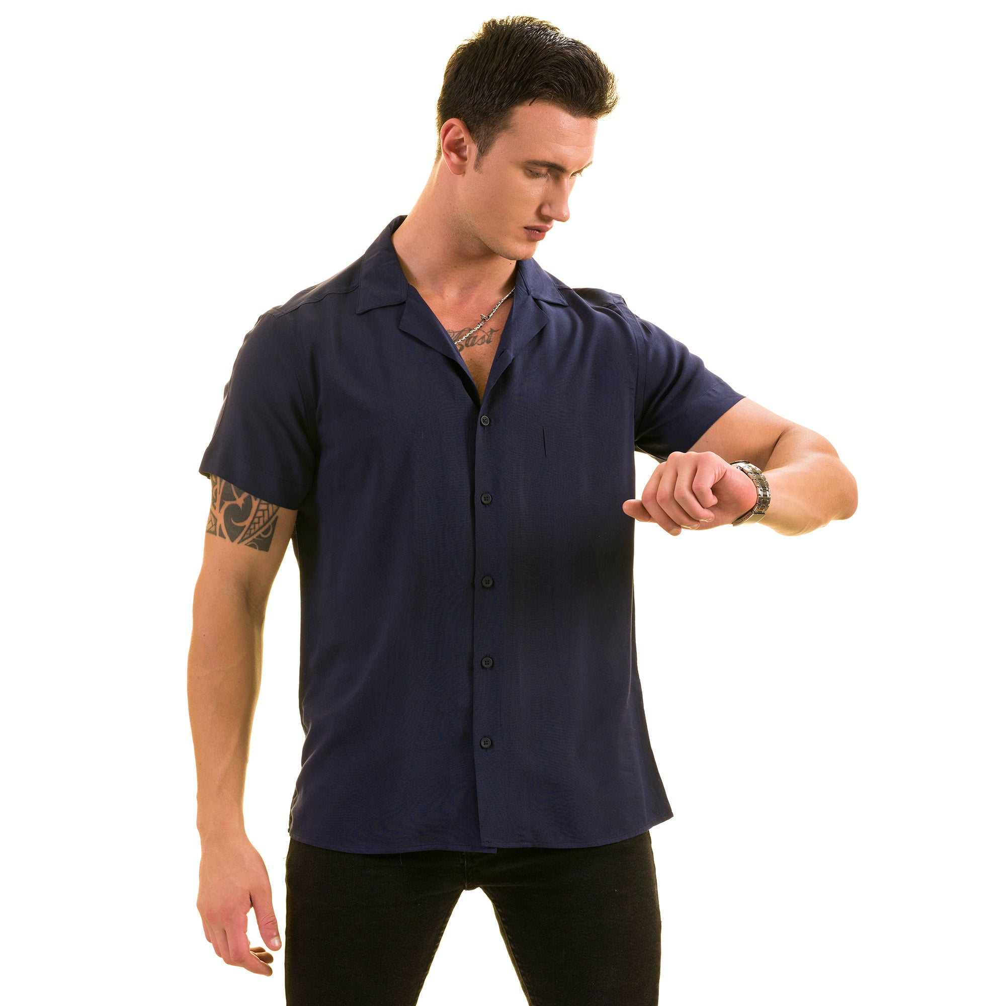 Navy Solid Hawaiian Summer Shirt for Men - European Made & Designed - Image 2