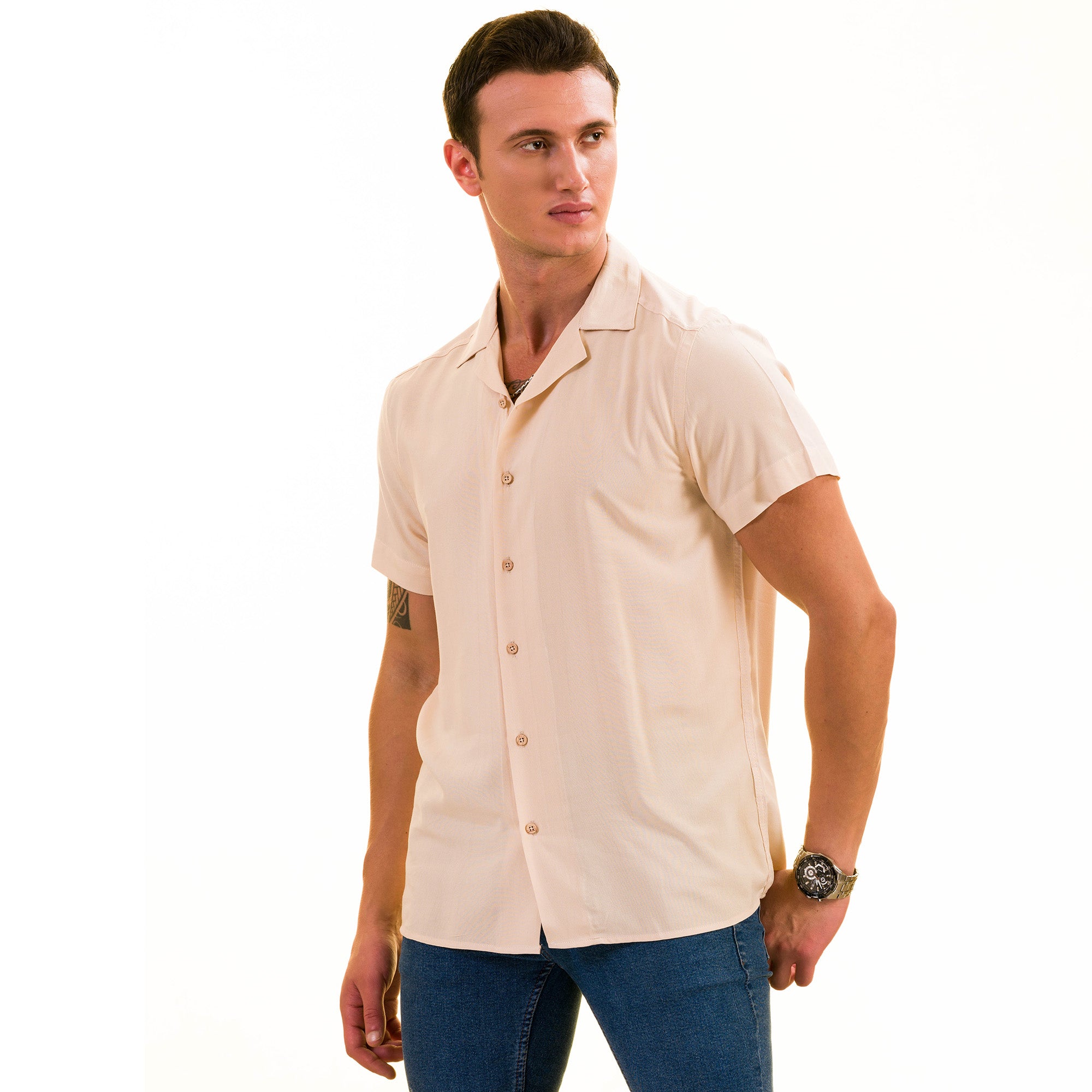 Beige Solid Hawaiian Shirt for Men – European Designed Summer Style