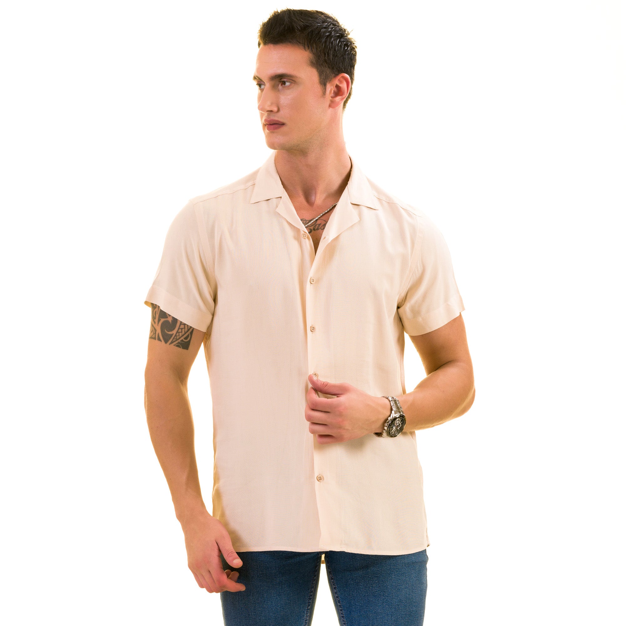 Beige Solid Hawaiian Shirt for Men - European Designed Summer Style - Image 2
