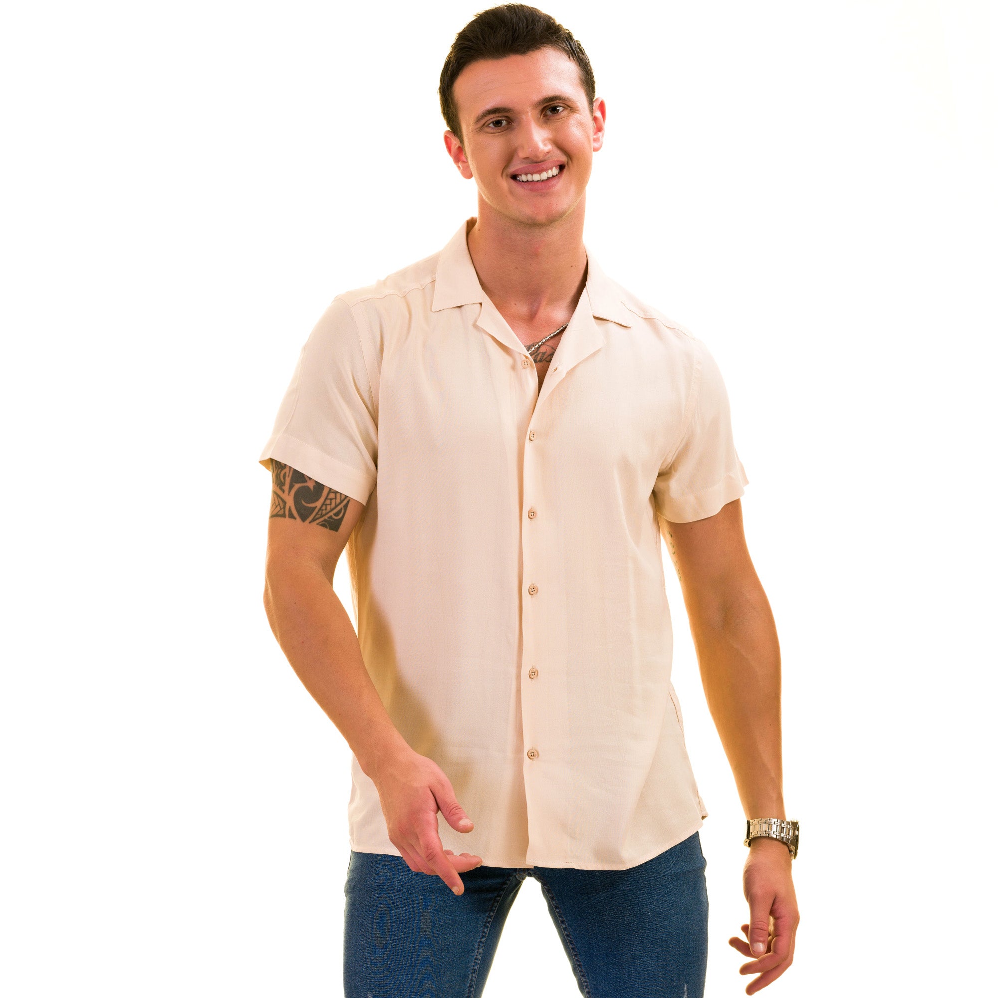 Beige Solid Hawaiian Shirt for Men - European Designed Summer Style - Image 3