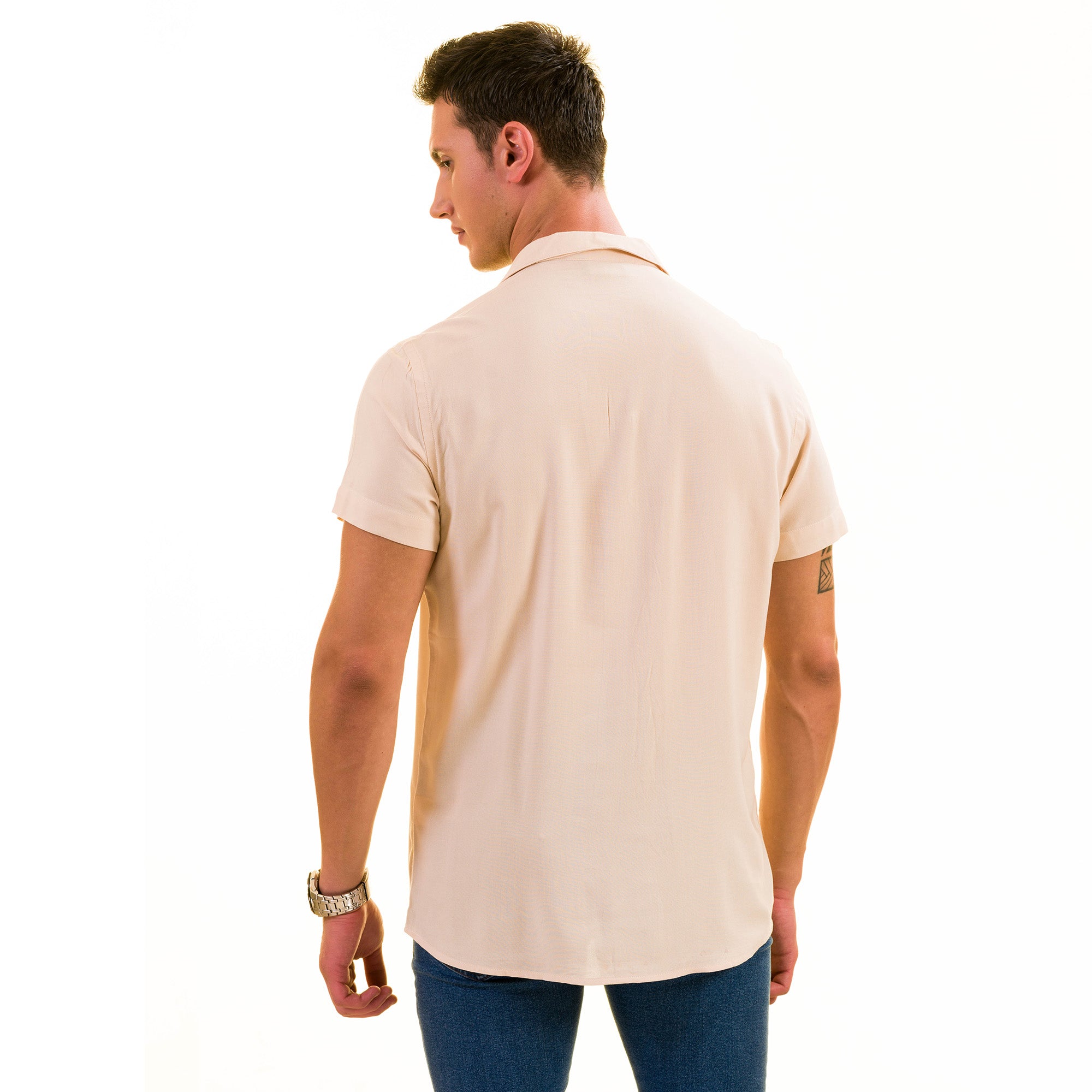 Beige Solid Hawaiian Shirt for Men - European Designed Summer Style - Image 4