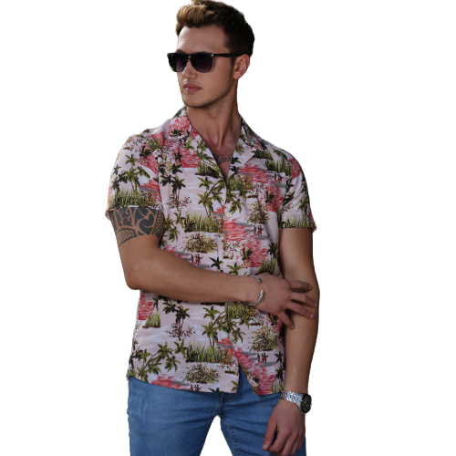 Green Pink Palm Trees Hawaiian Summer Shirt for Men - European Made & Designed - Image 3