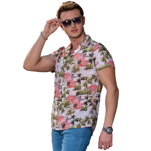 Green Pink Palm Trees Hawaiian Summer Shirt for Men - European Made & Designed - Image 4