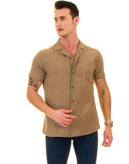 Solid Tan European Made Hawaiian Summer Shirt for Men – Premium Designer