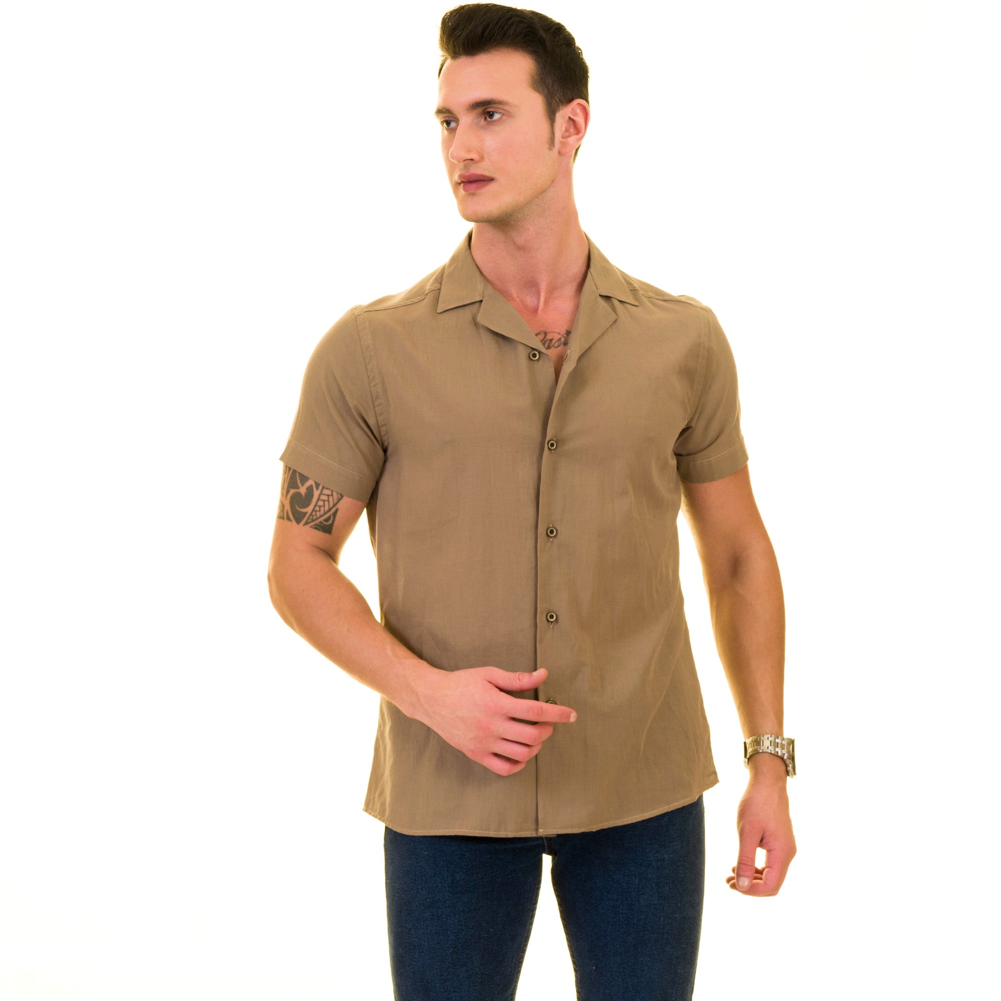Solid Tan European Made Hawaiian Summer Shirt for Men – Premium Designer