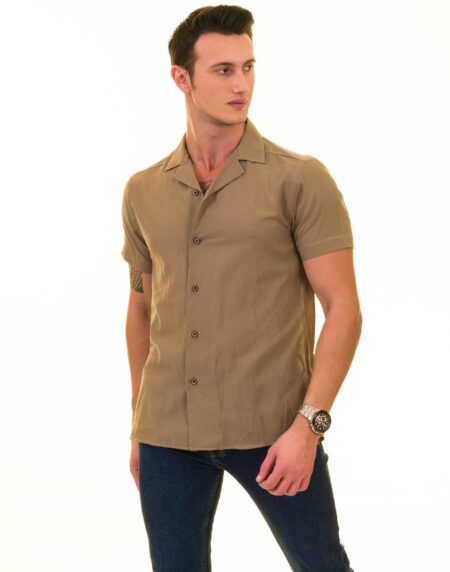 Solid Tan European Made Hawaiian Summer Shirt for Men – Premium Designer