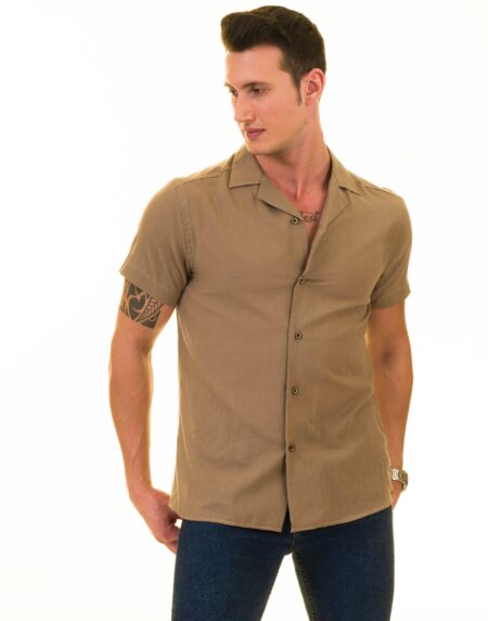Solid Tan European Made Hawaiian Summer Shirt for Men – Premium Designer
