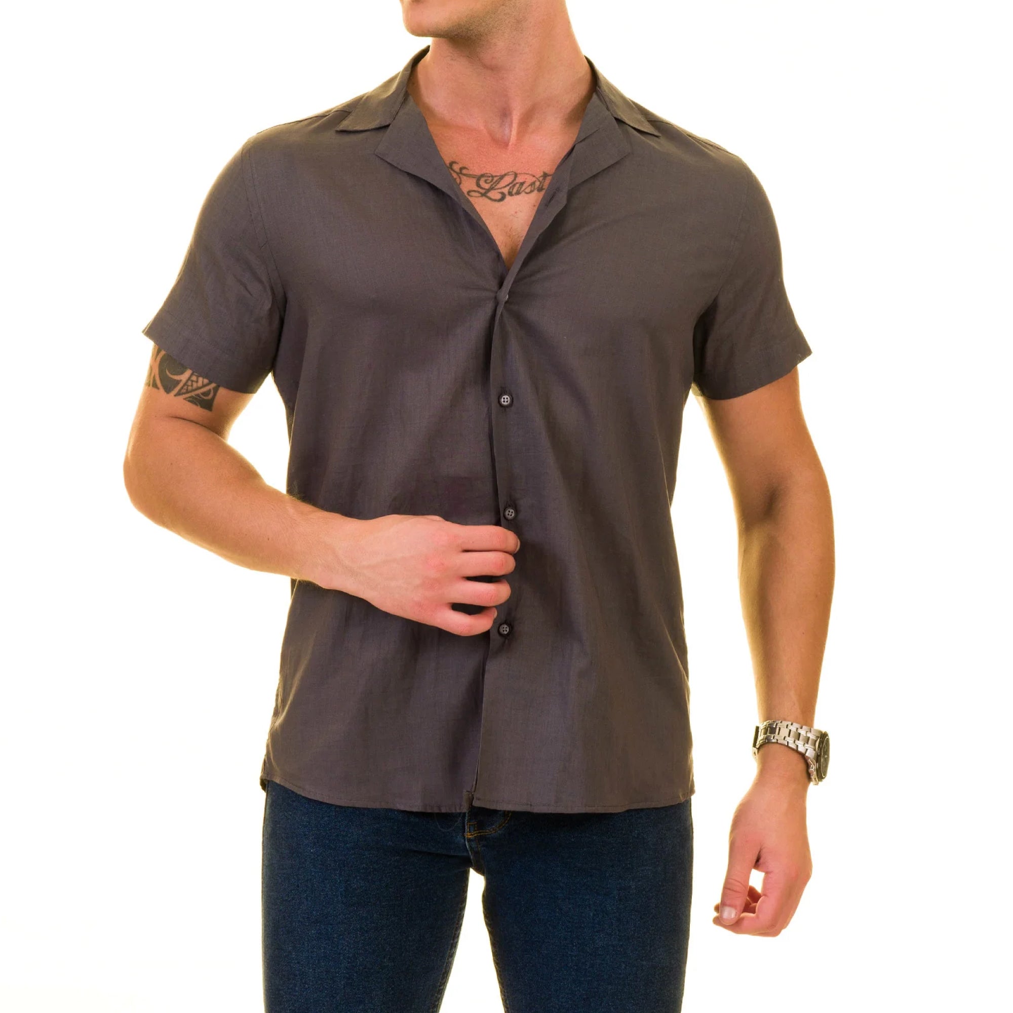 Men’s Solid Gray Hawaiian Summer Shirt – European Made & Designed