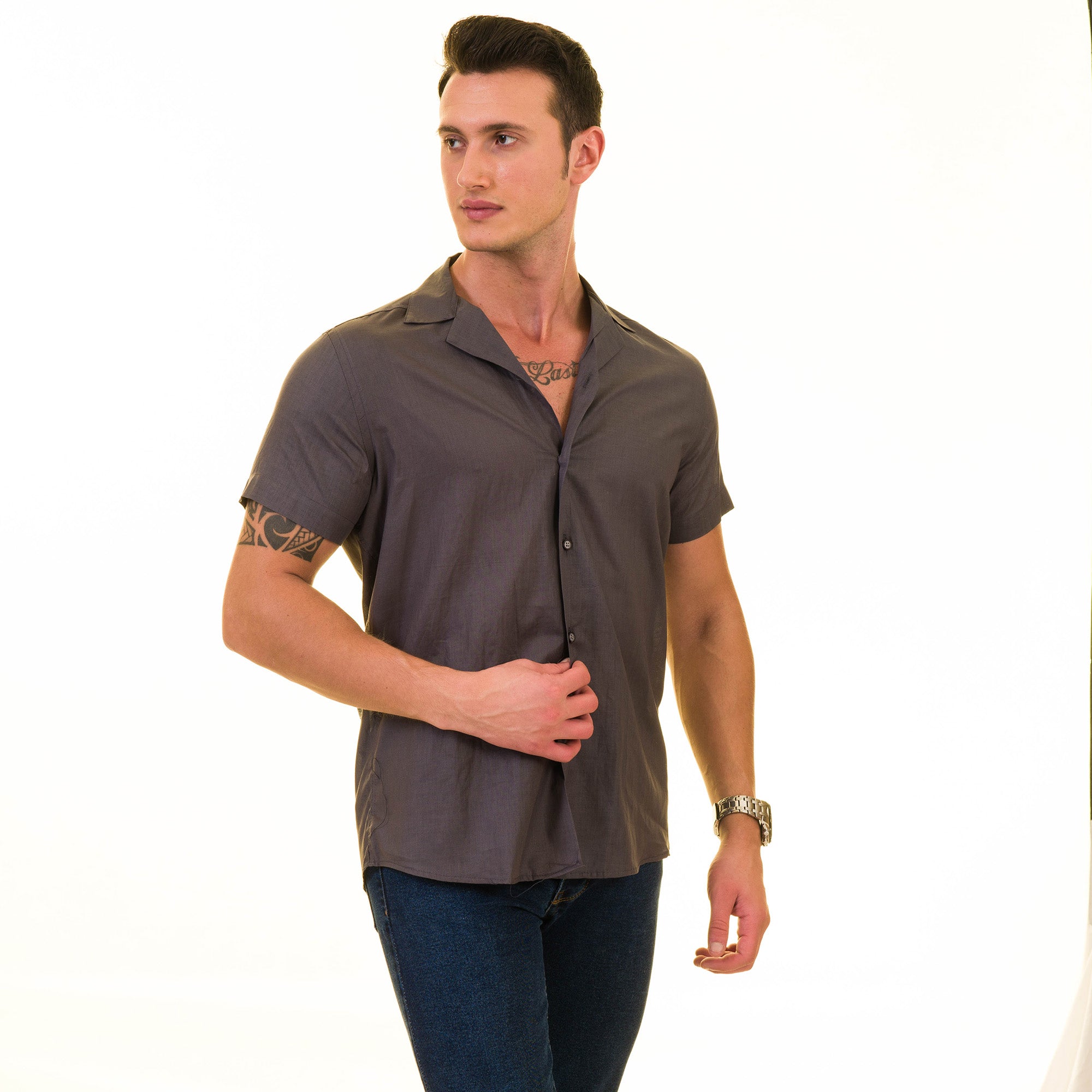 Men’s Solid Gray Hawaiian Summer Shirt – European Made & Designed - Image 4