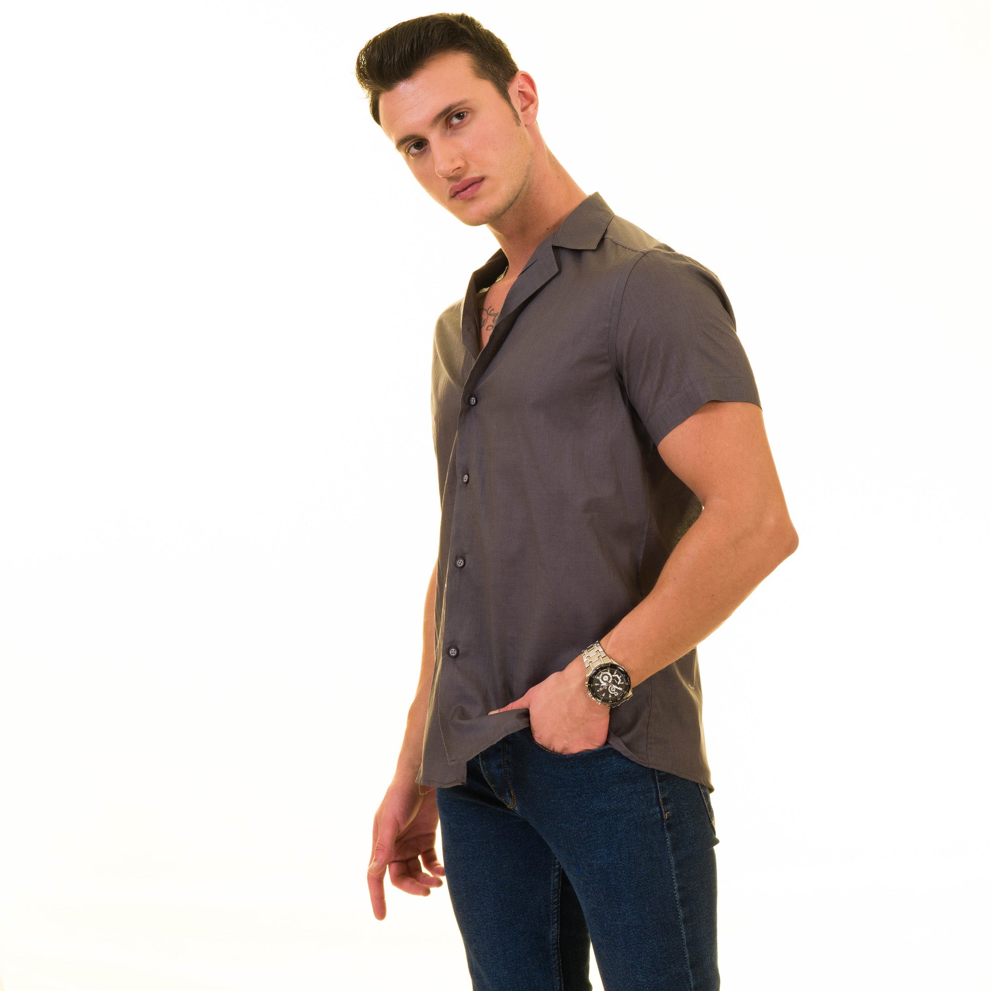 Men’s Solid Gray Hawaiian Summer Shirt – European Made & Designed - Image 3
