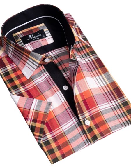 Red Plaid Nova Check Mens Short Sleeve Button up Shirts – Tailored Slim Fit Cotton Dress Shirts