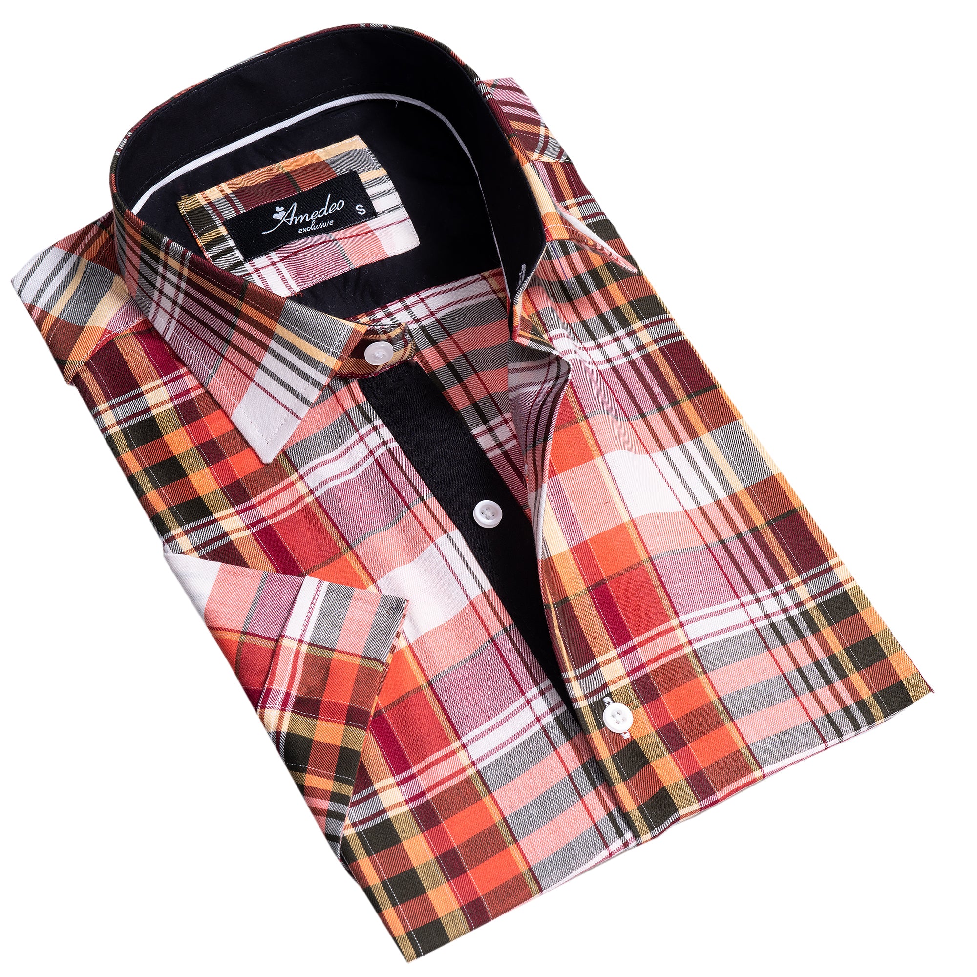 Red Plaid Nova Check Mens Short Sleeve Button up Shirts – Tailored Slim Fit Cotton Dress Shirts
