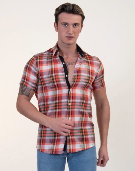 Red Plaid Nova Check Mens Short Sleeve Button up Shirts – Tailored Slim Fit Cotton Dress Shirts