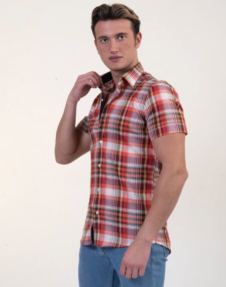 Red Plaid Nova Check Mens Short Sleeve Button up Shirts – Tailored Slim Fit Cotton Dress Shirts