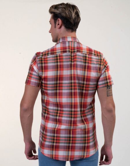Red Plaid Nova Check Mens Short Sleeve Button up Shirts – Tailored Slim Fit Cotton Dress Shirts