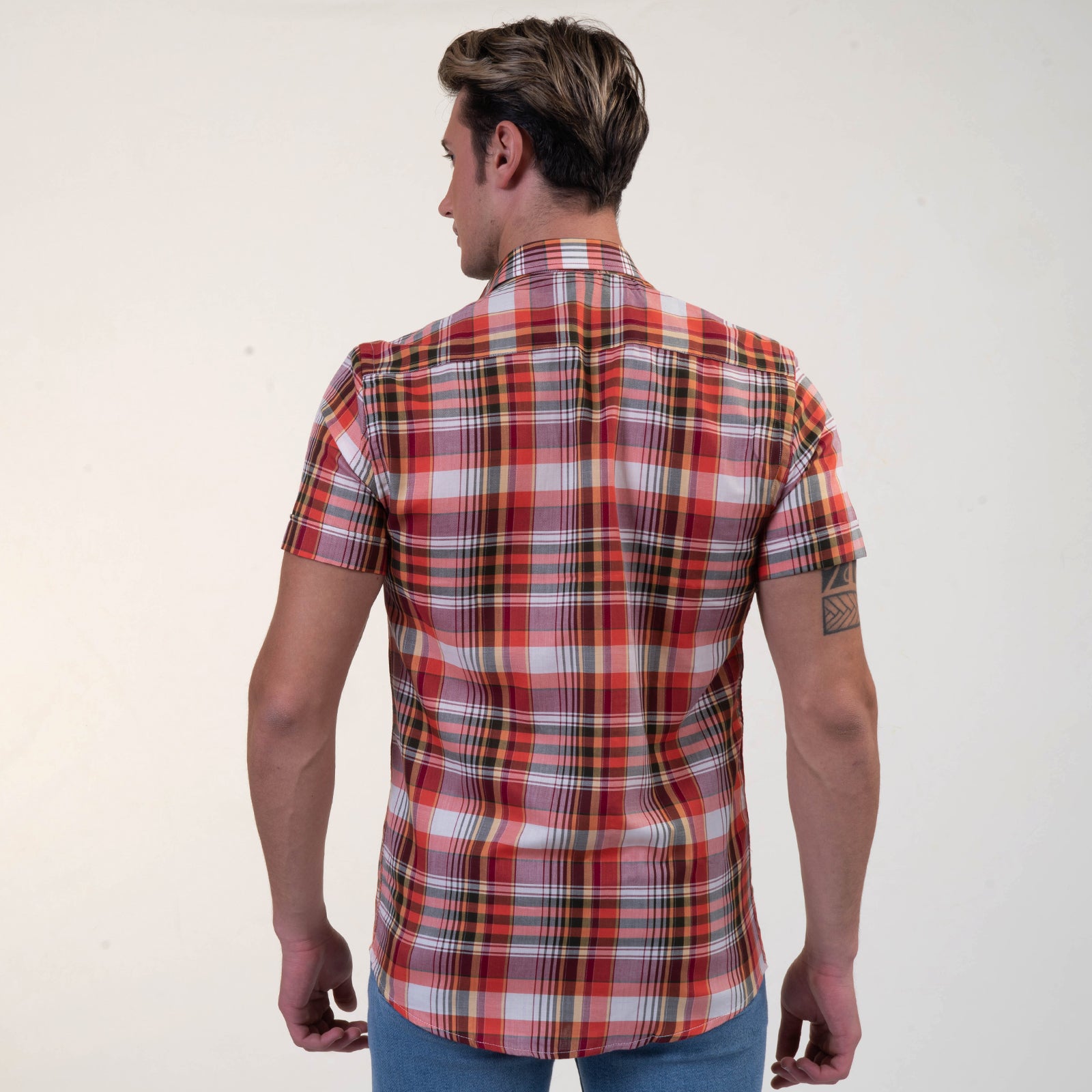 Red Plaid Nova Check Mens Short Sleeve Button up Shirts - Tailored Slim Fit Cotton Dress Shirts - Image 4