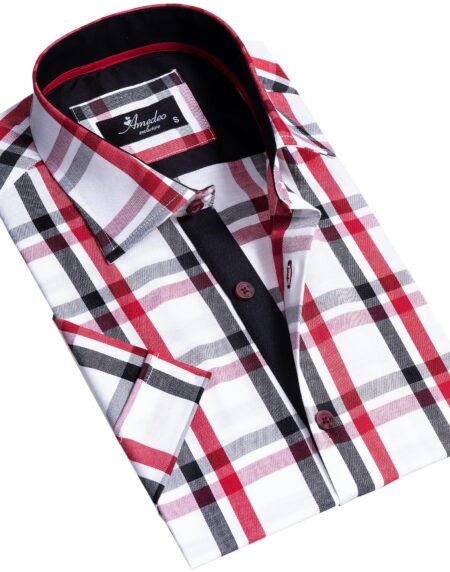 Red Black White Checkered Mens Short Sleeve Button up Shirts – Tailored Slim Fit Cotton Dress Shirts