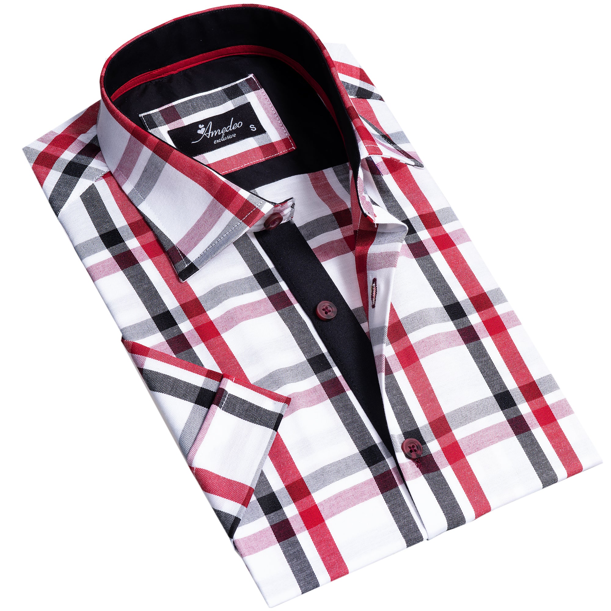 Red Black White Checkered Mens Short Sleeve Button up Shirts – Tailored Slim Fit Cotton Dress Shirts