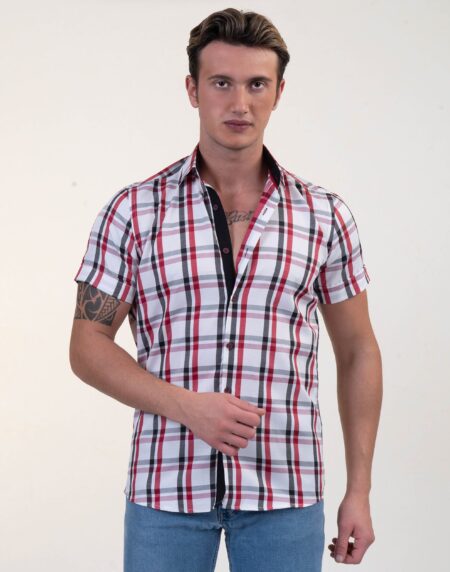 Red Black White Checkered Mens Short Sleeve Button up Shirts – Tailored Slim Fit Cotton Dress Shirts