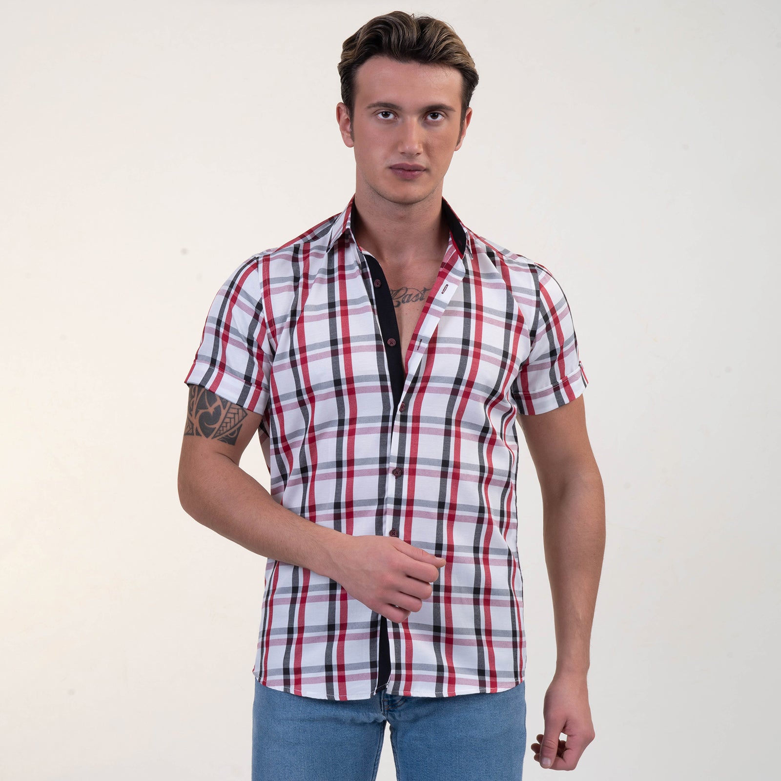 Red Black White Checkered Mens Short Sleeve Button up Shirts - Tailored Slim Fit Cotton Dress Shirts - Image 2