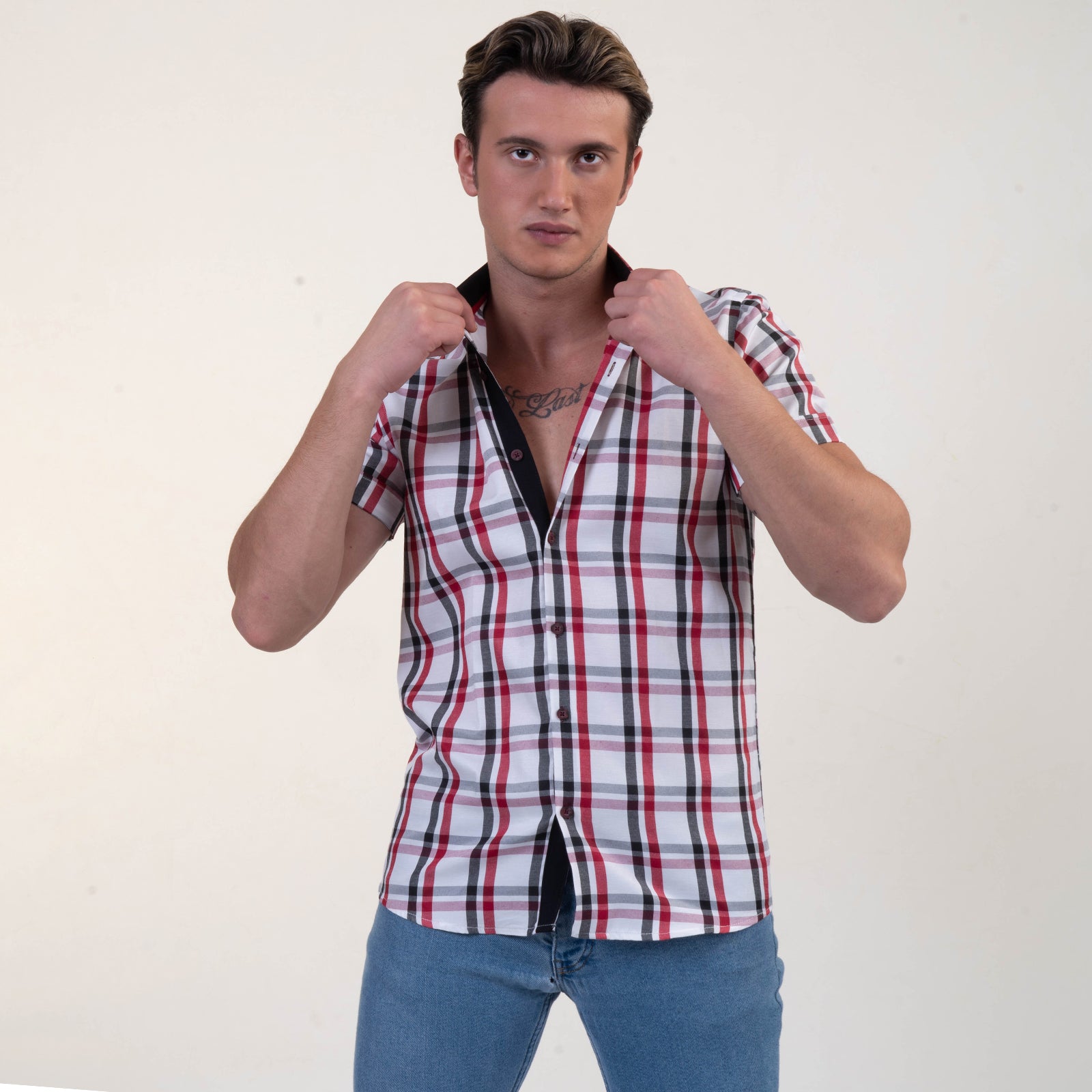 Red Black White Checkered Mens Short Sleeve Button up Shirts - Tailored Slim Fit Cotton Dress Shirts - Image 3
