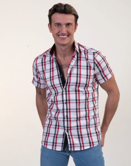 Red Black White Checkered Mens Short Sleeve Button up Shirts – Tailored Slim Fit Cotton Dress Shirts