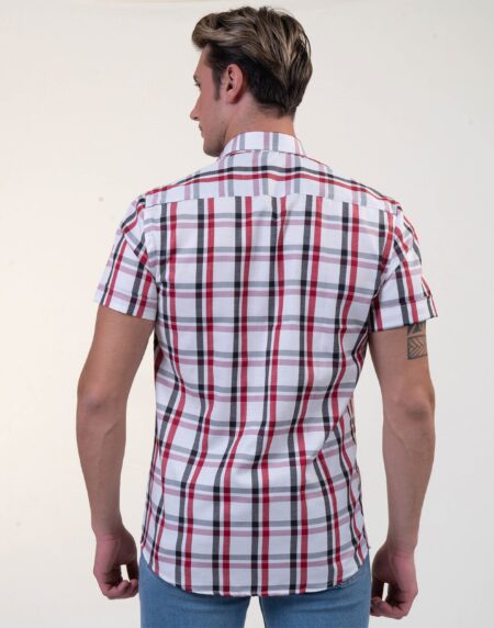 Red Black White Checkered Mens Short Sleeve Button up Shirts – Tailored Slim Fit Cotton Dress Shirts