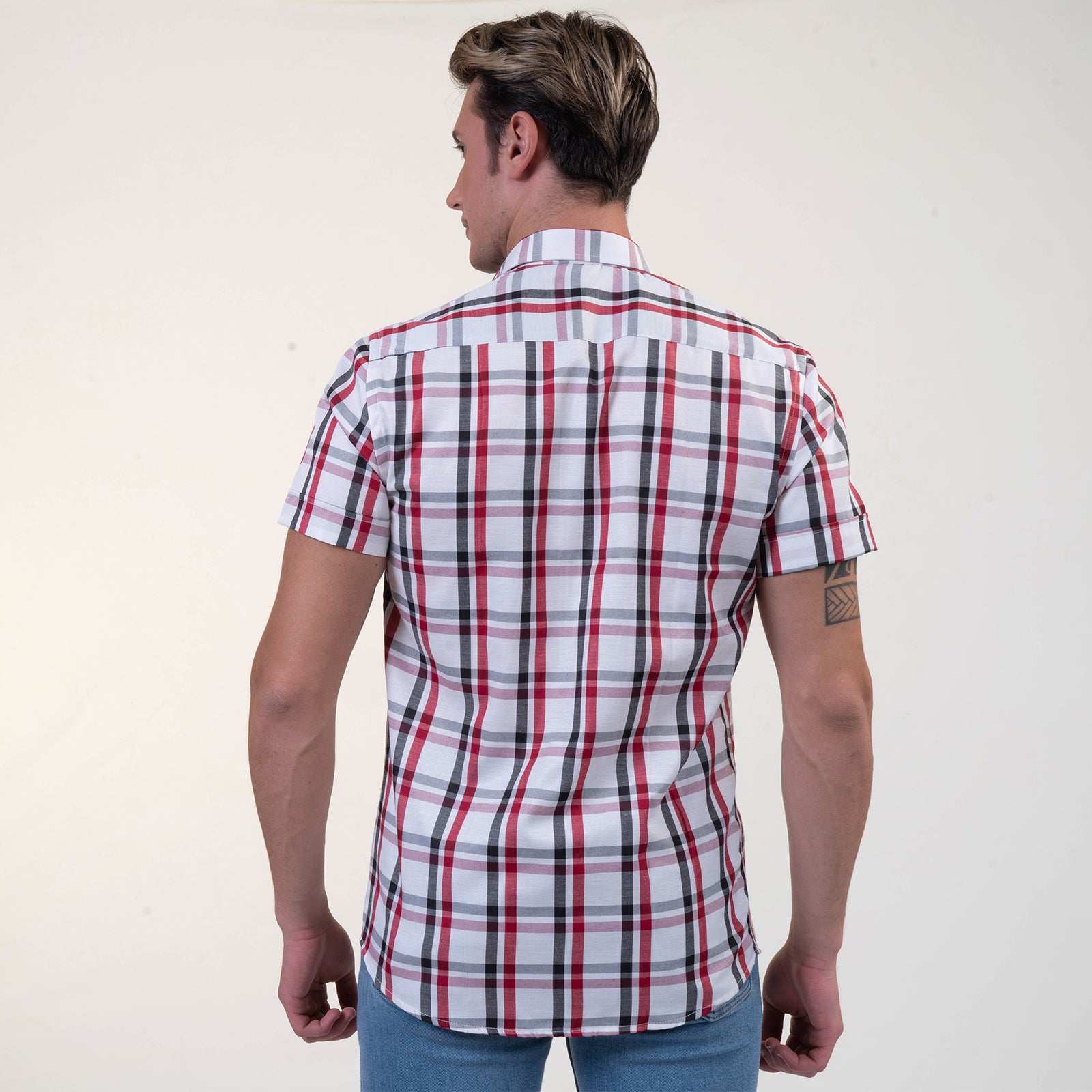Red Black White Checkered Mens Short Sleeve Button up Shirts - Tailored Slim Fit Cotton Dress Shirts - Image 5