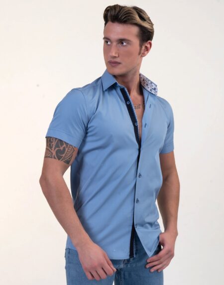 Solid Blue With White Mens Short Sleeve Button up Shirts – Tailored Slim Fit Cotton Dress Shirts