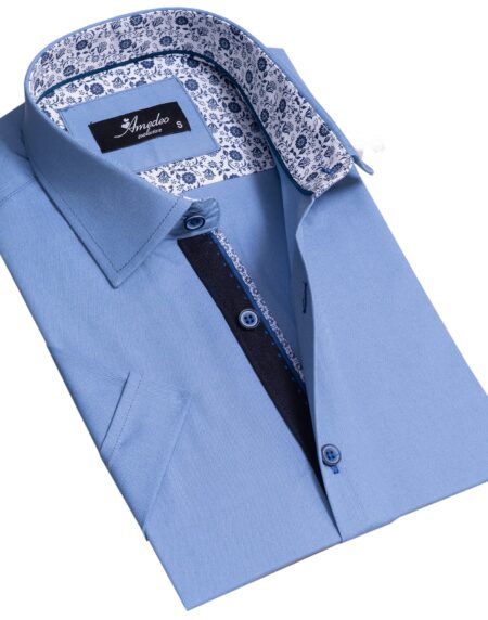Solid Blue With White Mens Short Sleeve Button up Shirts – Tailored Slim Fit Cotton Dress Shirts