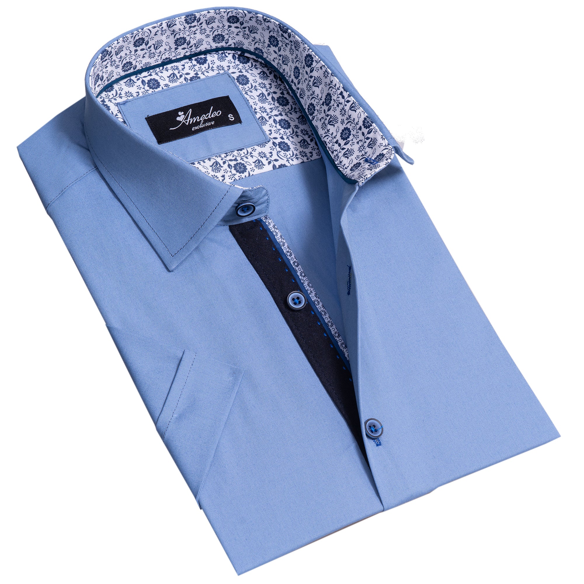 Solid Blue With White Mens Short Sleeve Button up Shirts – Tailored Slim Fit Cotton Dress Shirts