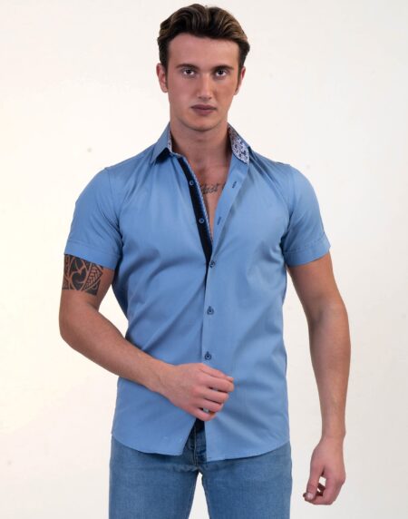 Solid Blue With White Mens Short Sleeve Button up Shirts – Tailored Slim Fit Cotton Dress Shirts