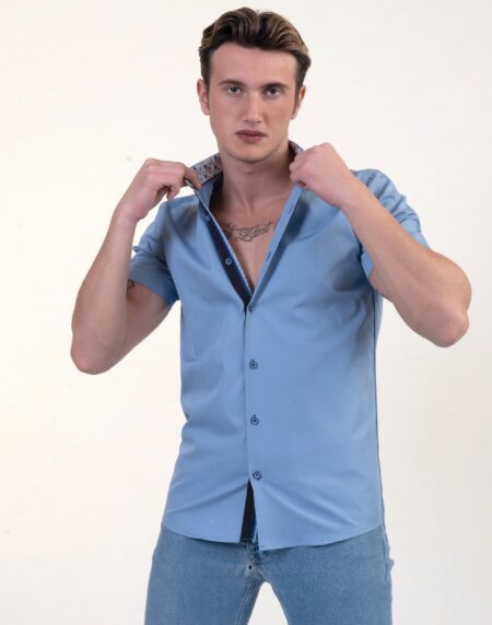 Solid Blue With White Mens Short Sleeve Button up Shirts – Tailored Slim Fit Cotton Dress Shirts