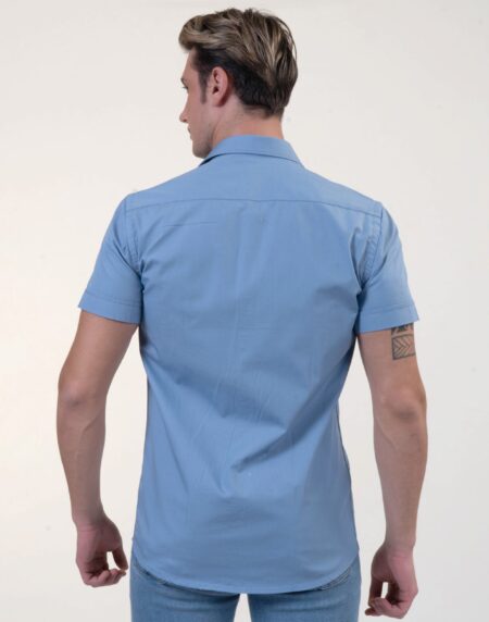 Solid Blue With White Mens Short Sleeve Button up Shirts – Tailored Slim Fit Cotton Dress Shirts
