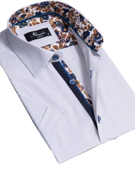 Light Grey/Whitish Mens Short Sleeve Button up Shirts – Tailored Slim Fit Cotton Dress Shirts