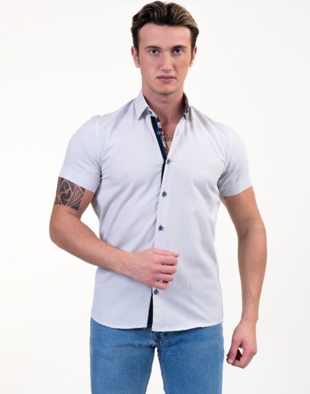 Light Grey/Whitish Mens Short Sleeve Button up Shirts – Tailored Slim Fit Cotton Dress Shirts
