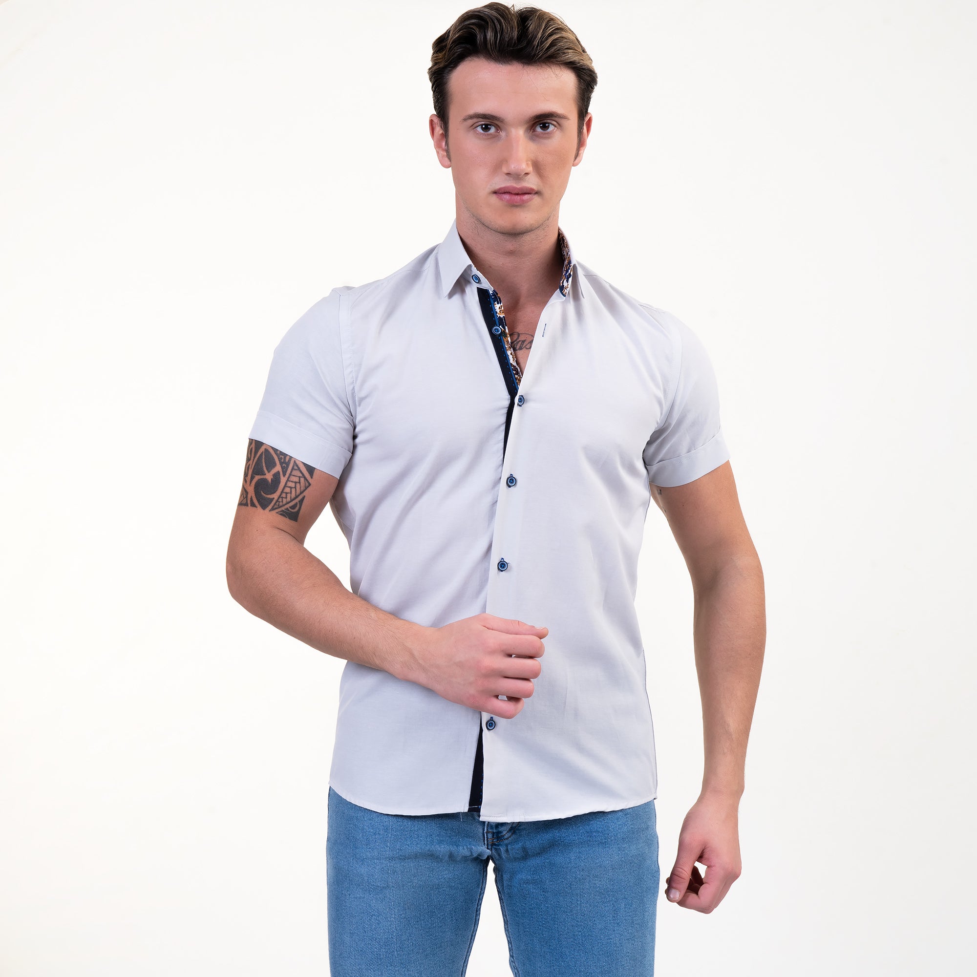 Light Grey/Whitish Mens Short Sleeve Button up Shirts - Tailored Slim Fit Cotton Dress Shirts - Image 2