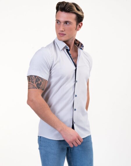 Light Grey/Whitish Mens Short Sleeve Button up Shirts – Tailored Slim Fit Cotton Dress Shirts