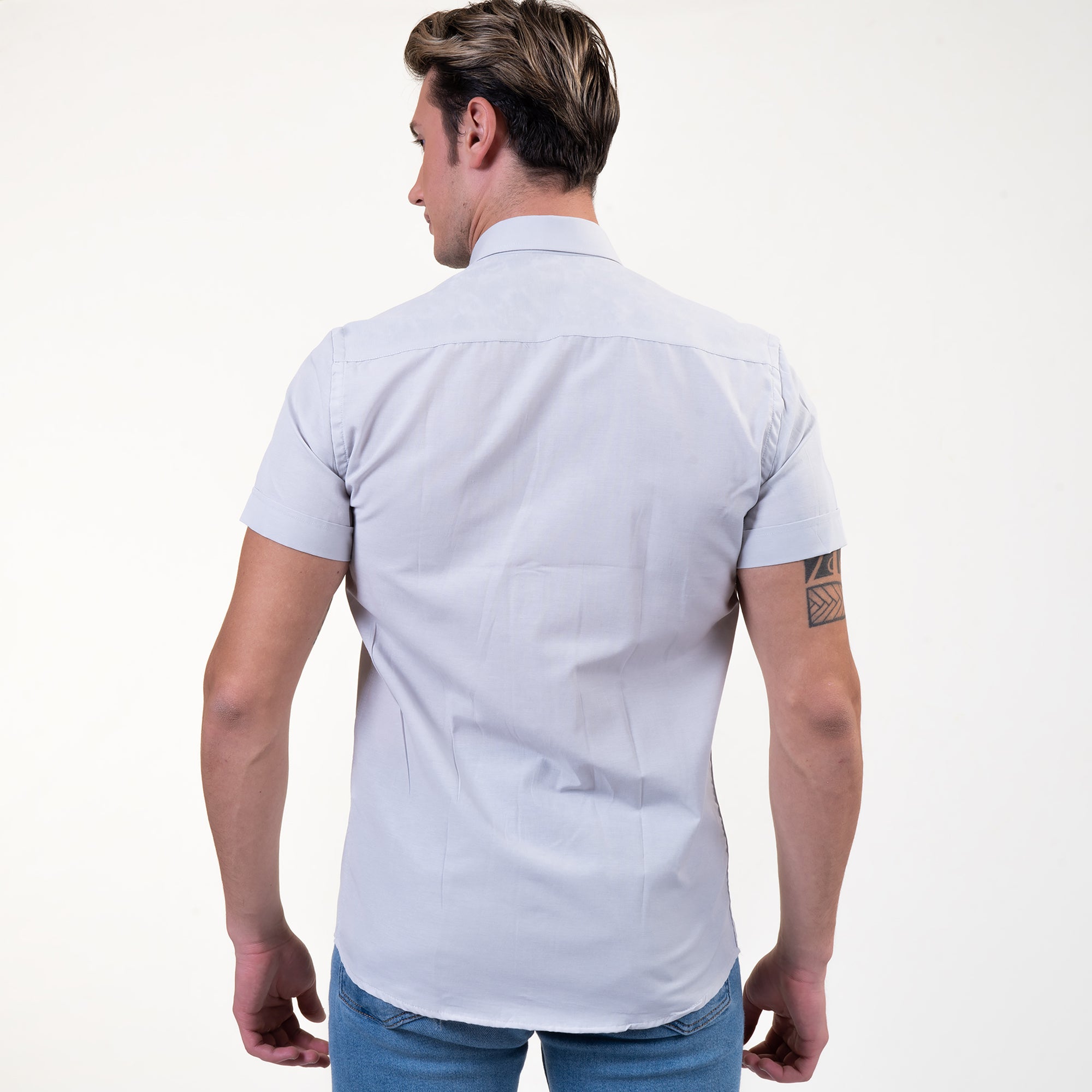 Light Grey/Whitish Mens Short Sleeve Button up Shirts - Tailored Slim Fit Cotton Dress Shirts - Image 4