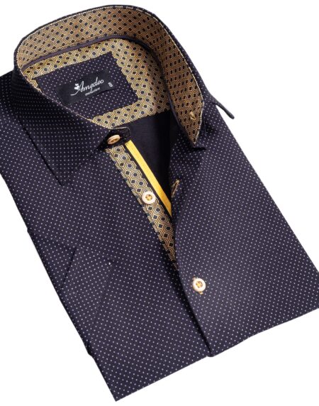 Black and Gold Mens Short Sleeve Button up Shirts – Tailored Slim Fit Cotton Dress Shirts