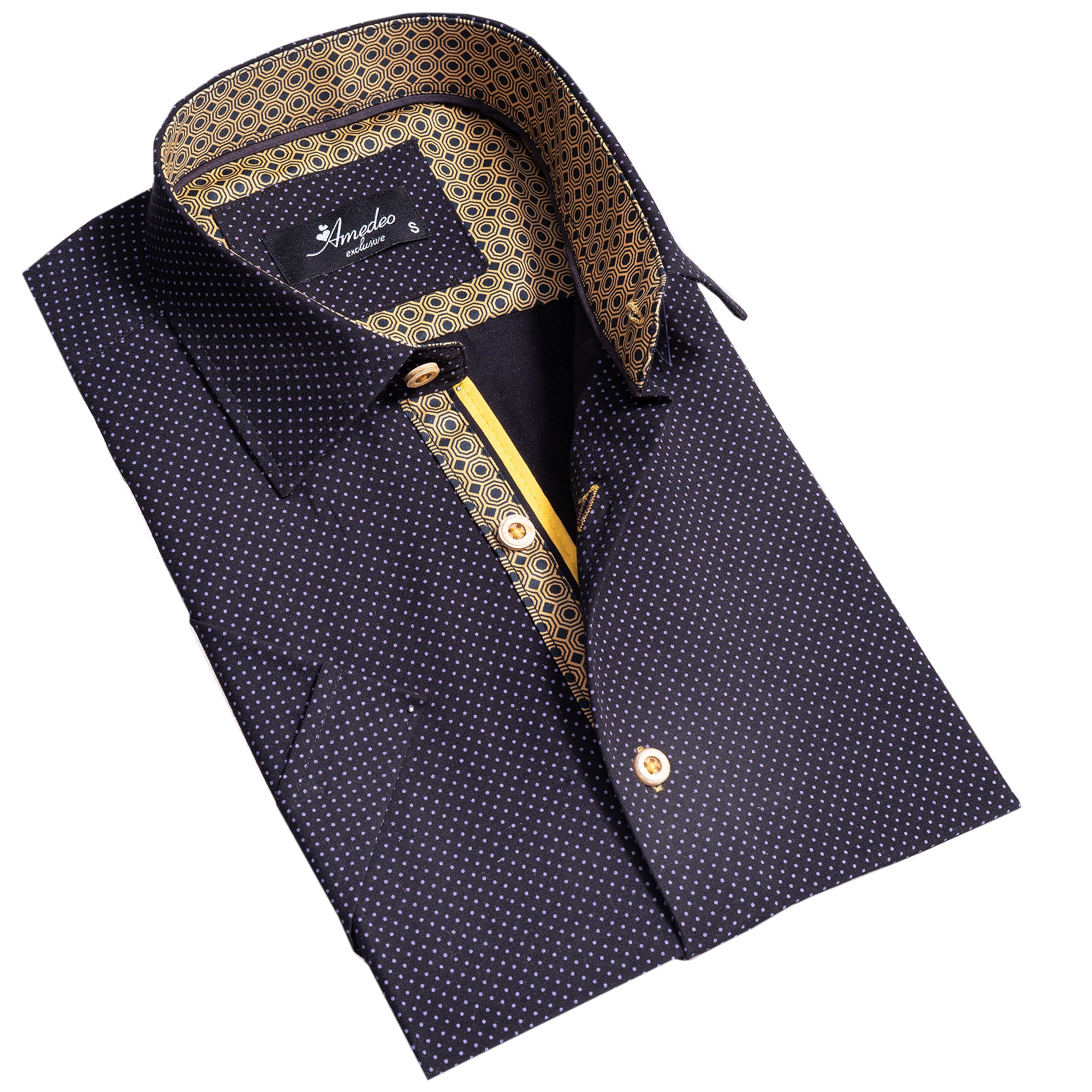 Black and Gold Mens Short Sleeve Button up Shirts – Tailored Slim Fit Cotton Dress Shirts