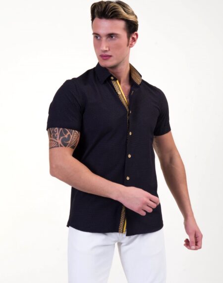 Black and Gold Mens Short Sleeve Button up Shirts – Tailored Slim Fit Cotton Dress Shirts